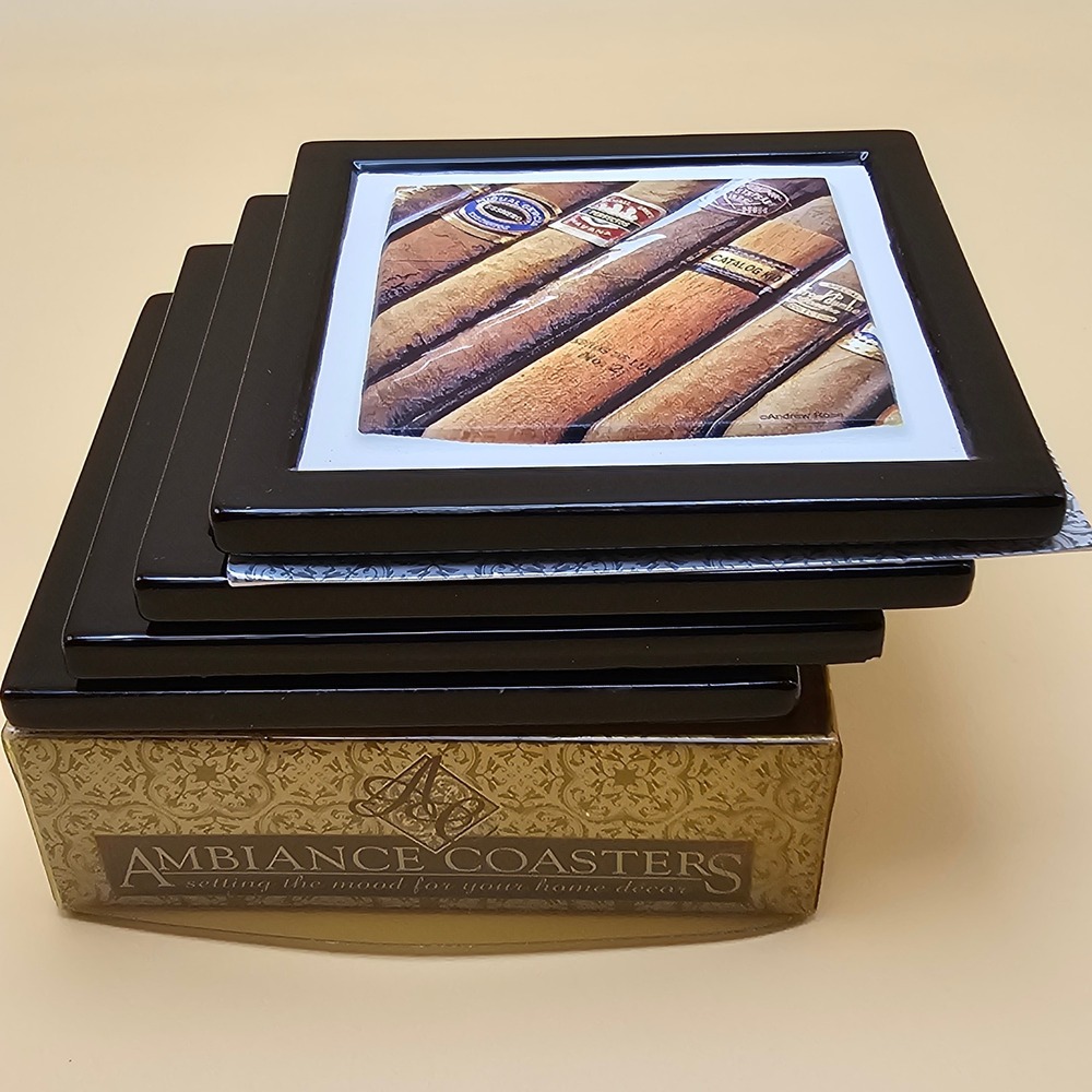 Cool Vintage Ambiance‎ Coasters Cigar Photo Set 4 Ceramic Cork Back Home Decor
